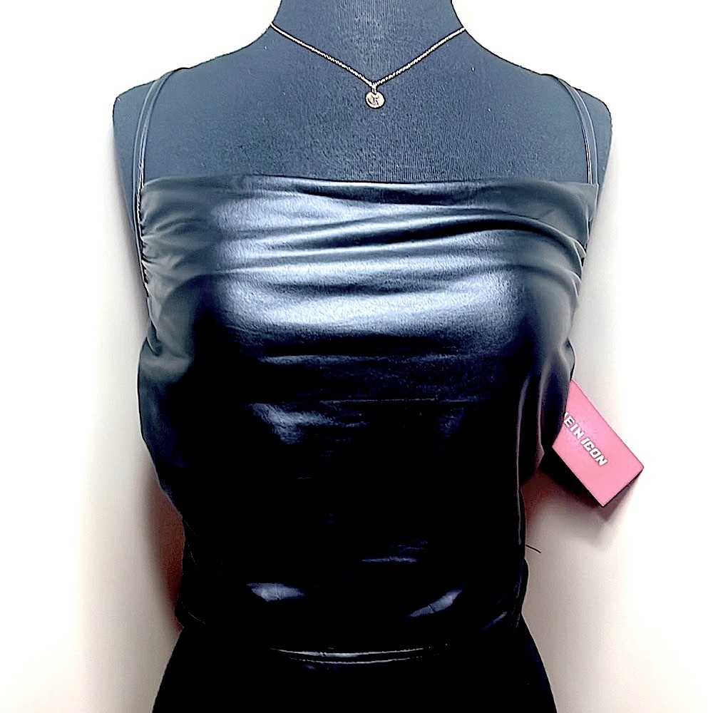 Nwt Black criss cross back faux leather spaghetti strap tank cowl neck small!
